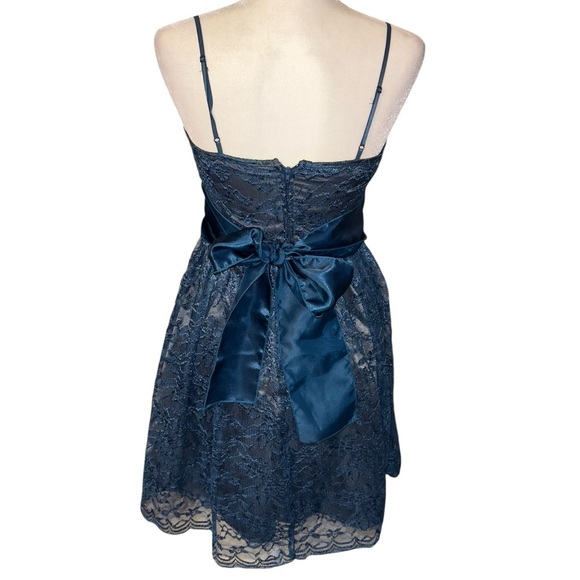Trixxi Blue Lace Overlay Dress Satin Wrap Bow Belted Y2K Fairy Flirty Cute - Picture 7 of 13